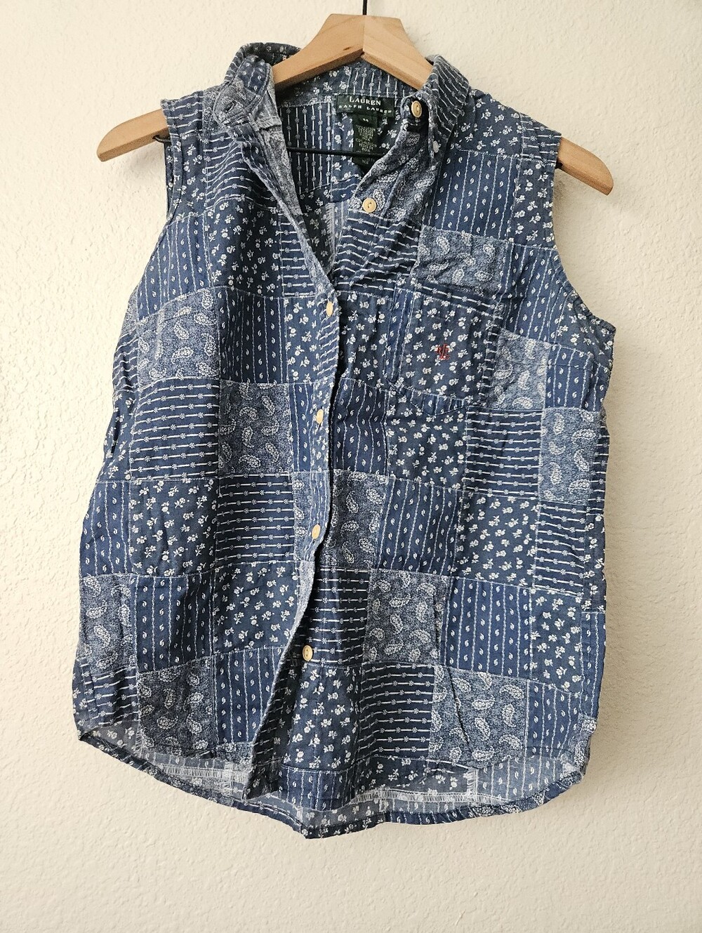 ralph lauren denim paisley floral patchwork vest, medium 100% cotton